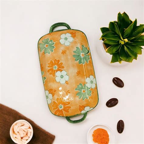 Lemon Tree Orange Ceramic Deep Dish Platter | Stylish Rectangular Serv ...