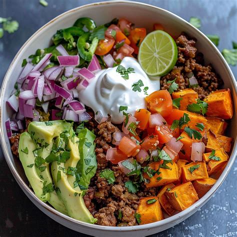 Sweet Potato Taco Bowl with Beef, Avocado and Fresh Pico - Kylie Recipes