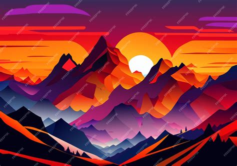 Premium Vector | Majestic mountains cast silhouette against vibrant sunset