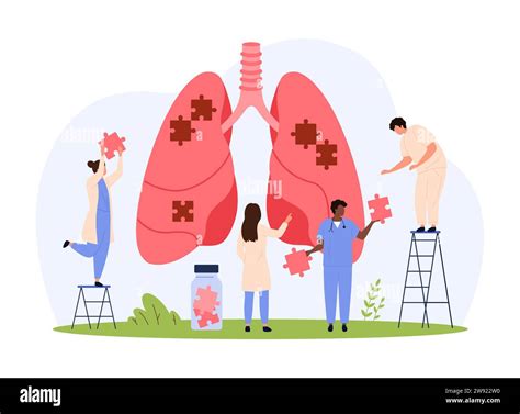 Lungs health, pulmonology vector illustration. Cartoon tiny people holding puzzle pieces to put ...