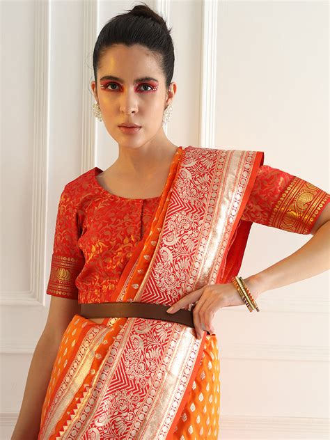 FWON2364 Orange Zari Woven Banarasi Saree with Contrast Peacock Motif ...