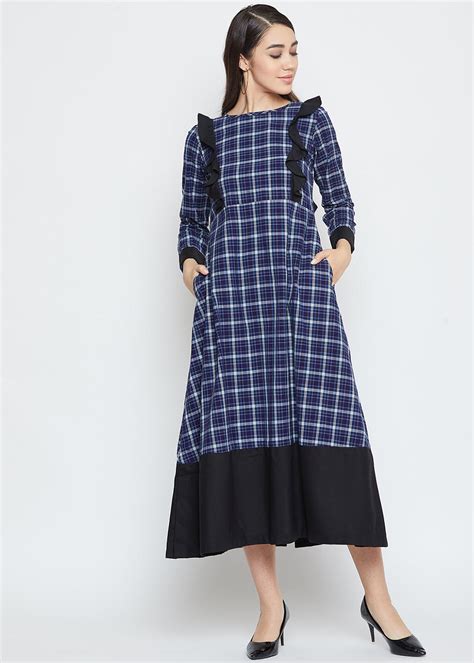Get Ruffle Detail Blue Checkered Dress at ₹ 2190 | LBB Shop