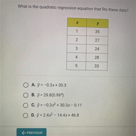 What is the quadratic regression equation that fits these data? OA. 9-0 ...