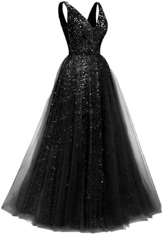 Buy Prom Dresses Long 2024 New Sparkly Sequin Tulle A Line V Neck ...
