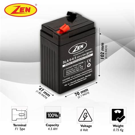 Sealed Lead Acid Battery - ZEN SLA 6-4 (6 Volts 4.5 Ah) SMF VRLA ...