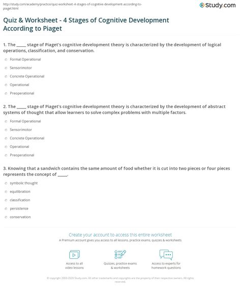 Quiz & Worksheet - 4 Stages of Cognitive Development According to Piaget | Study.com
