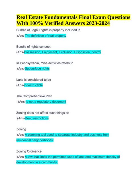 Real Estate Fundamentals Exam Questions With Verified Answers Updated ...