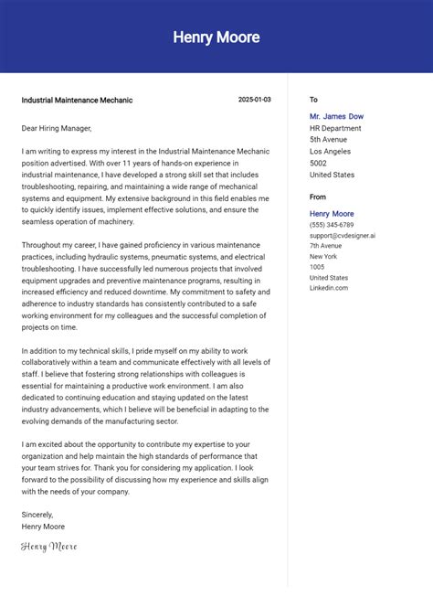 18 Industrial Maintenance Mechanic Cover Letter Examples and Templates ...