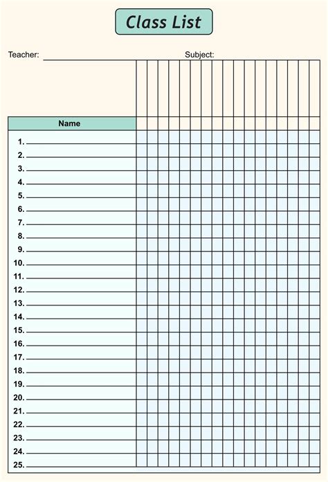 Blank Class List Template 30 Student