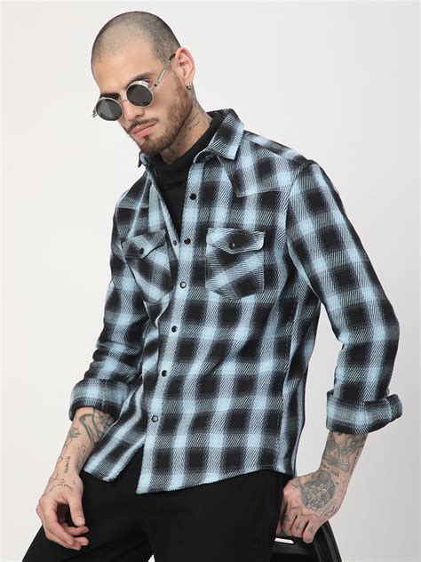 Black & Ice Blue Heavy Twill Jacquard Double Pocket Shirt – Vastrado
