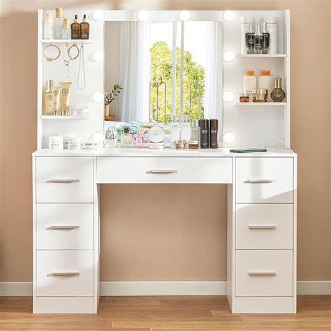 Amazon.com: Quimoo Large Vanity Desk with LED Lighted Mirror & Power ...