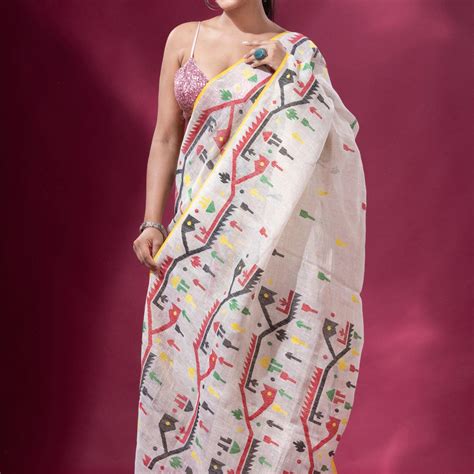 Offwhite with multicolor dhakai handwoven jamdani pure linen – Tamal ...