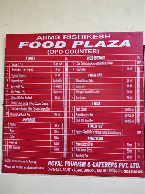 Menu at AIIMS Canteen, Rishikesh