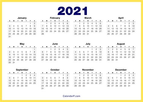2021 Calendar Printable Free, HD – Yellow – CalendarP | Printables