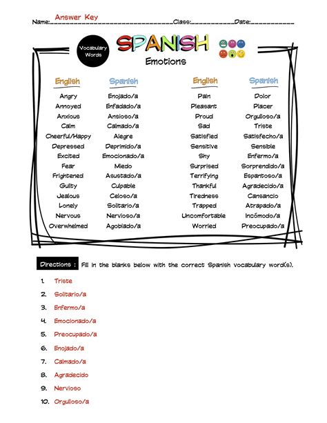 Spanish Emotions Vocabulary Word List Worksheet & Answer Key | Made By ...