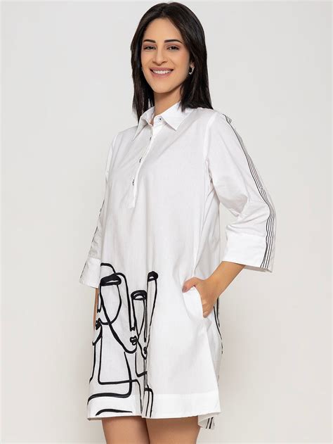 FRONT AND BACK EMBROIDERED SHIRT DRESS WITH LACE DETAILING AT SLEEVES ...