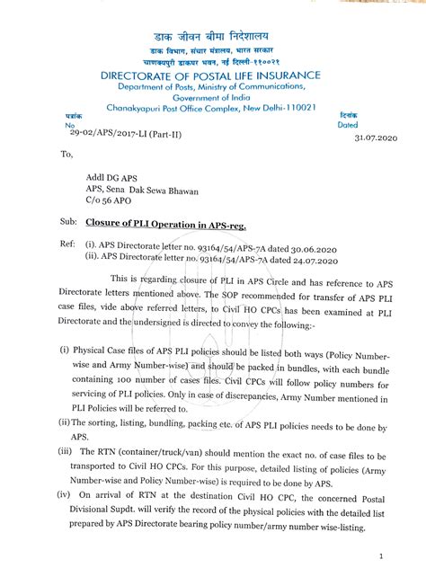Closure of PLI Operations in APS || Directorate PLI dated 31.07.2020