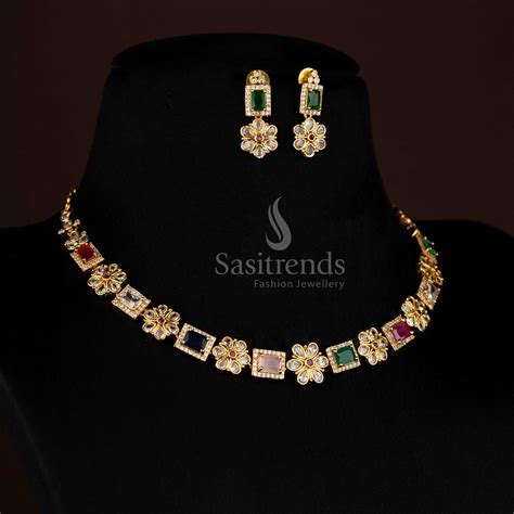 Matte Gold Plated Floral Necklace Set with Rectangular American ...