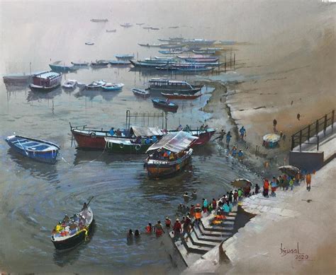 "Rippes On Ganga": Steel Grey Acrylic Painting by Bijay Biswaal ...