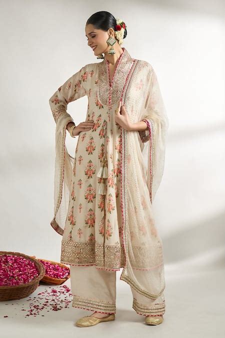 Buy Ivory Cotton, Silk, Linen, Satin, Net Flower Pattern Kurta Palazzo ...