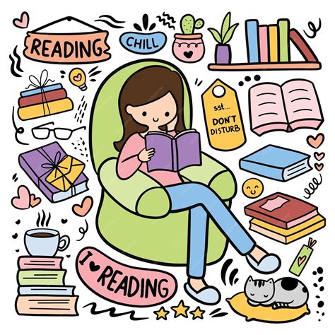 Premium Vector | Kawaii hand drawn reading book hobby doodle vector ...