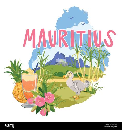 Mauritius map and famous landmarks of the island in flat style. Vector sugar cane, Mount Peter ...