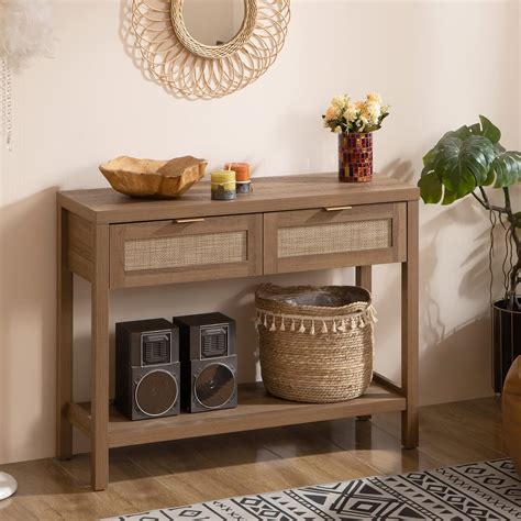 SICOTAS Console Table with Rattan Drawers - Boho Rattan Entryway Table ...