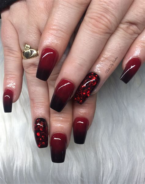 Black and Red Ombré with Glitter | Red ombre nails, Black ombre nails ...