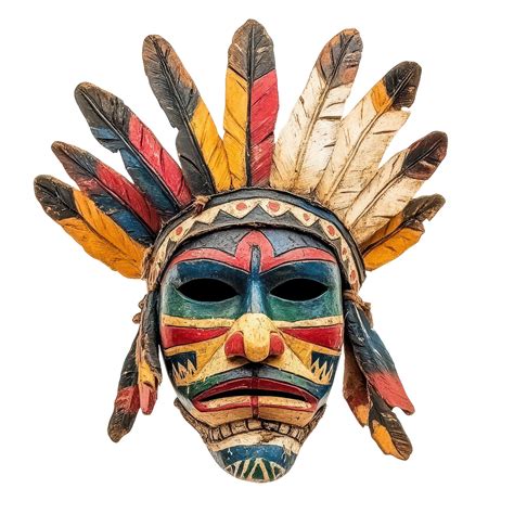 Vividly colored ancient Native American mask with feathers on display ...