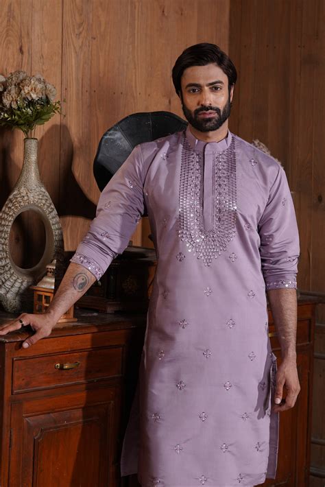 Lavender Cotton Silk Men's Kurta with Neck Embroidery – Indiroop