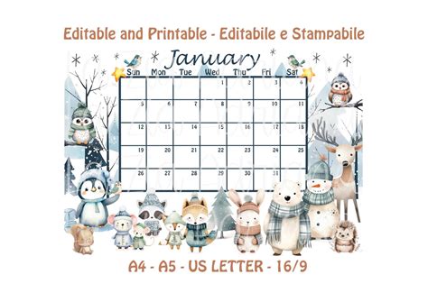 Calendar January 2025 - Editable and Printable - Cute Cartoon Woodland ...