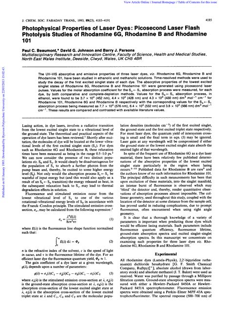 Molar absorptivity coefficient - J. CHEM. SOC. FARADAY TRANS., 1993, 89 ...