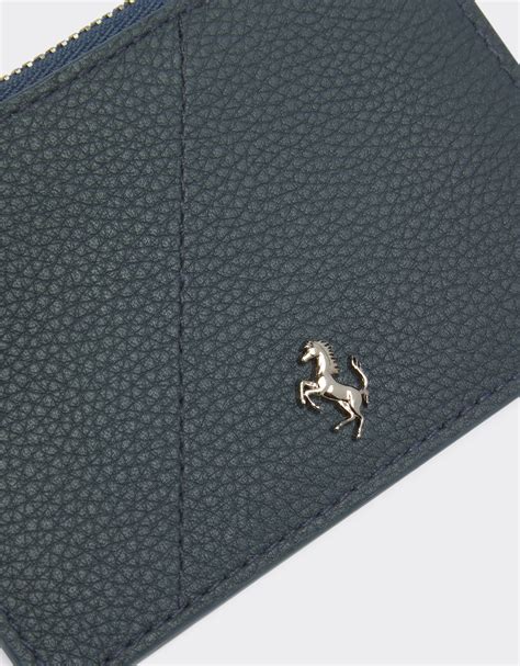 Textured leather card holder with zip in Navy | Ferrari®