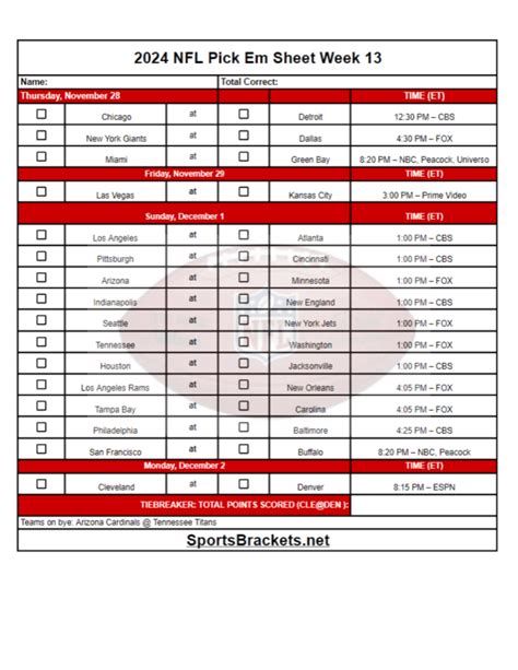 2024 NFL Pick Em Sheet Week 13; Printable, PDF Format - Sports Brackets