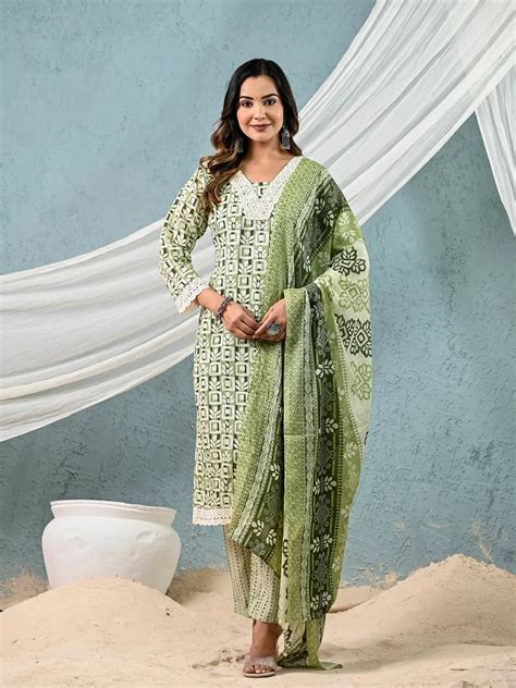 Cotton Green Kurta Dupatta Set 7044SKDGR – Yufta Store