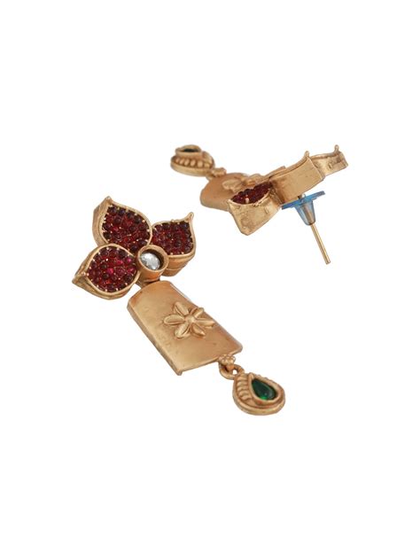 Priyaasi Floral Red & Green Stone Studded Gold-Plated Jewellery Set