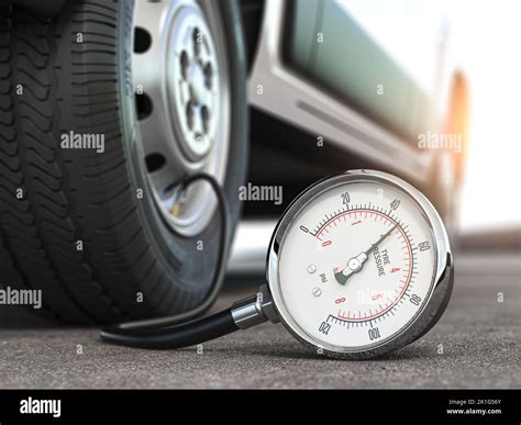 Tyre pressure gauge and car wheel. Inflation, inspection and measurement of wheel tyre. 3d ...