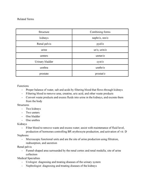 4.2 The Urinary System - Related Terms Structure Combining forms ...