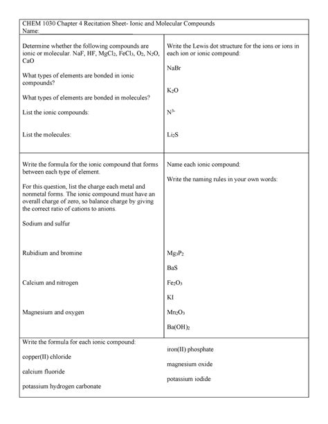 Ch4 Recitation CH 1030 - CHEM 1030 Chapter 4 Recitation Sheet- Ionic ...