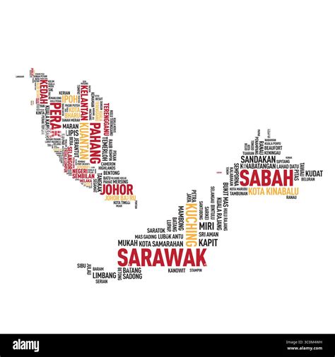 Malaysia Map with Countries and city name Text or Typography. Highlights the country and capital ...