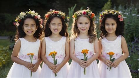 Little pretty girls with flowers dressed in wedding dresses | Premium ...