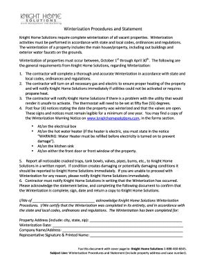 Fillable Online Winterization Procedures and Statement - Knight Home ...