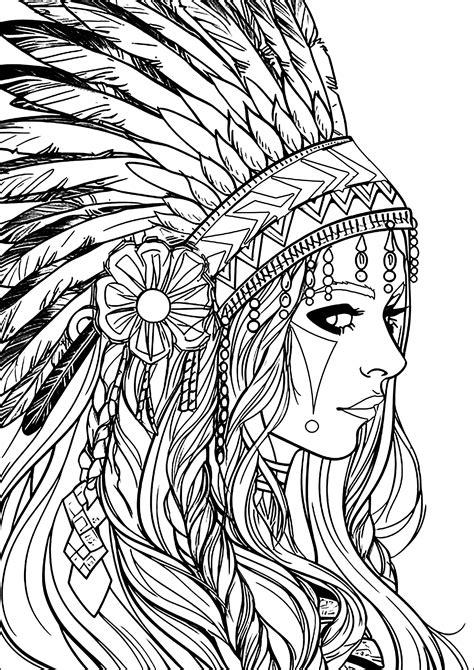 Young woman with Indian headdress - Native American Coloring Pages for ...
