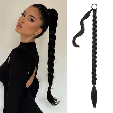 Synthetic 32 inch Black Straight Hair Women’s Long Braided Ponytail ...