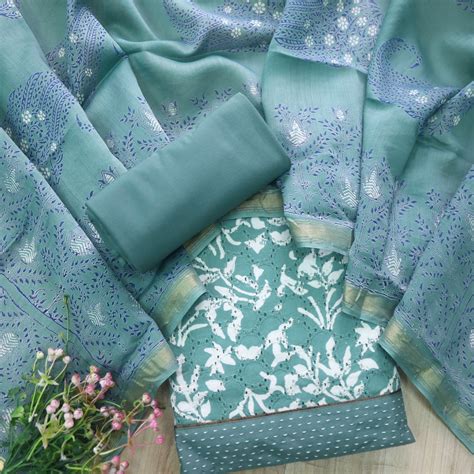Sobiya Sage Grey Printed Schiffli Work Cotton Suit Set – Desisandook ...