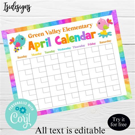 April Calendar Template, Instant Download, Spring Schedule, PTO PTA ...