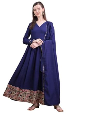 Buy VISOKA Navy Blue Anarkali Suit with Embroidered Hem & Dupatta ...