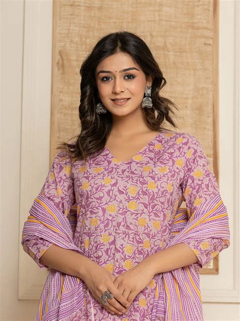 Lavander Floral Print Cotton Straight Style Kurta And Dhoti Pants With ...