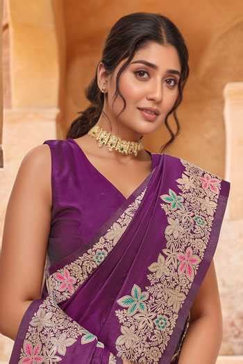Buy Purple Brocade, Silk Zari, Tassels V-neck Flora Pattern Saree With ...