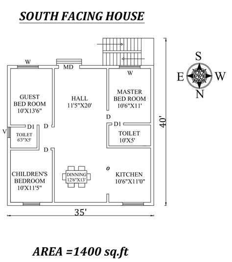 35 x40 3bhk south facing house plan as per vastu shastra autocad dwg ...